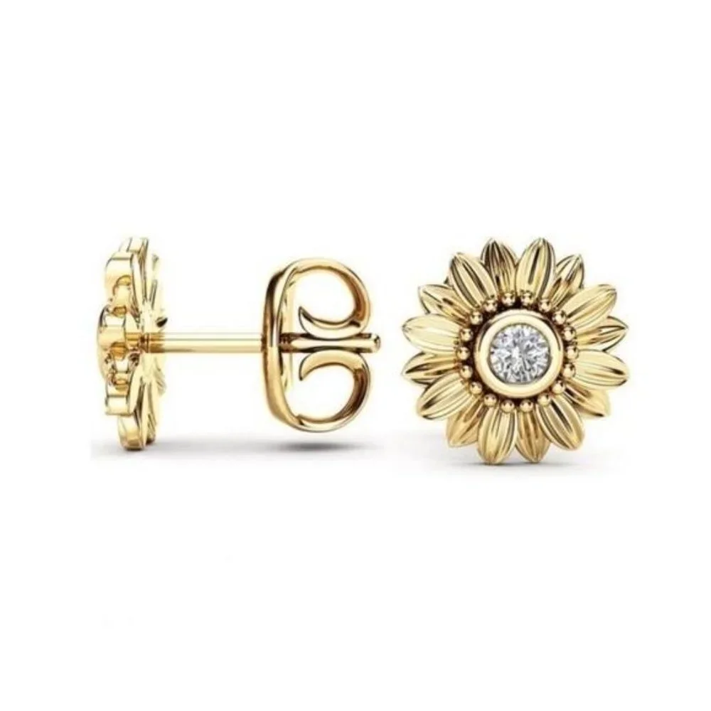 18K YELLOW GOLD  SUNFLOWER STUD EARRINGS, NICE EARRINGS, CUTE EARRINGS - Picture 2 of 3